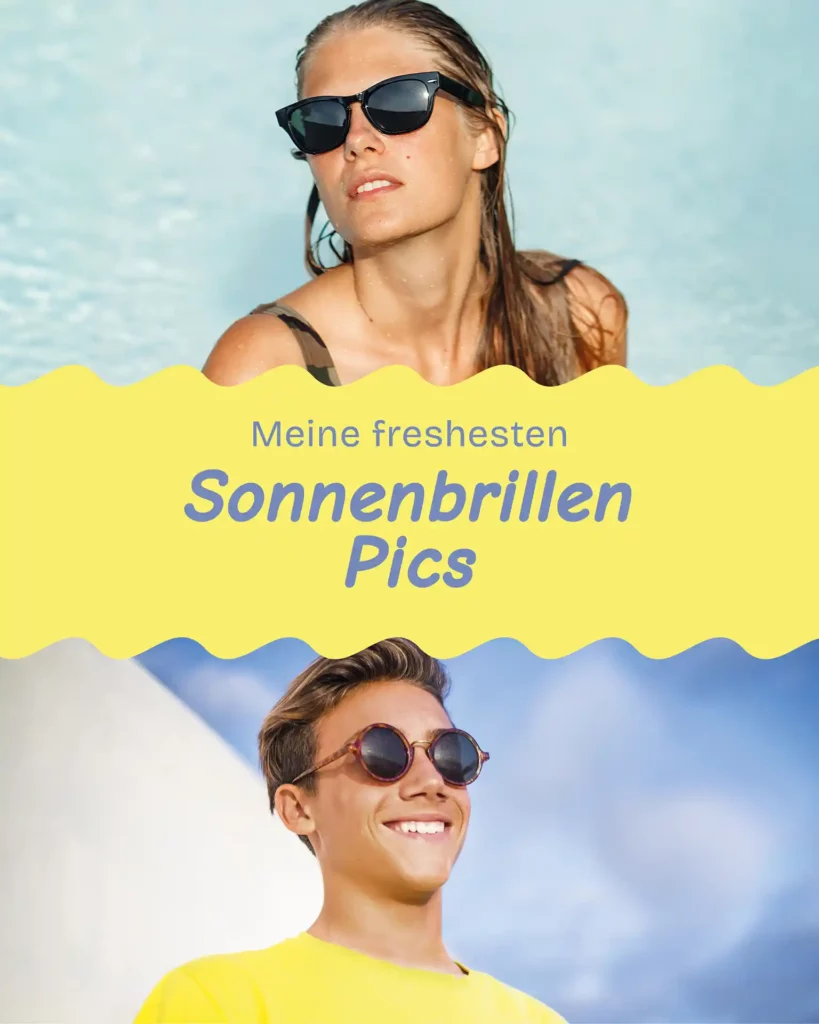 2 geteilte Collage: Im oberen Bereich junge Frau im Badeanzug mit Sonnenbrille, die zur Seite schaut. Im unteren Bereich junger Mann mit Sonnenbrille, der lächelnd geradeaus schaut.
