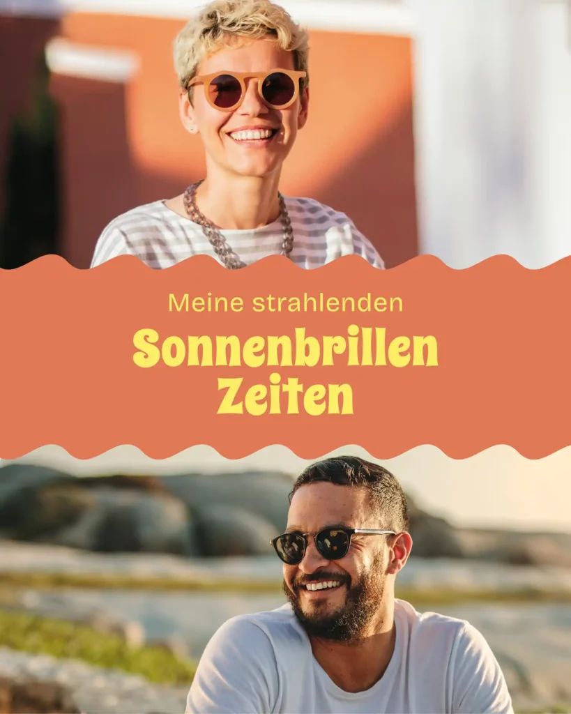 2 geteilte Collage: Im oberen Bereich Frau im mittleren Alter mit Sonnenbrille, die lachend in die Kamera schaut. Im unteren Bereich Mann mittleren Alters mit Sonnenbrille und Bart der lächelnd zur Seite schaut.